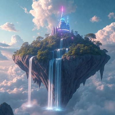 The primary subject of the image is a floating island with a castle on top of it. The island is surrounded by a cloudy sky, giving it a dreamy and fantastical appearance. The setting includes a waterfall, which adds to the island's mystical atmosphere. The visual style of the image is digital art, creating a vibrant and imaginative scene. The colors and mood of the image are predominantly blue and purple, evoking a sense of wonder and enchantment.